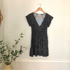 Urban Outfitters, XS mini dress ,black with white flowers, v-neck. skater dress